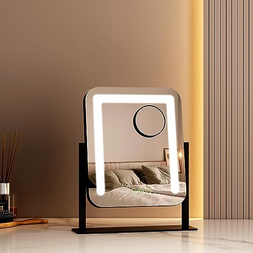 EMKE Hollywood Vanity Mirror With Lights - Small Makeup Mirror, Removable 7X Magnifying, Dimmable, 360° Rotation, Adjustable Brightness, 305x360mm, Black