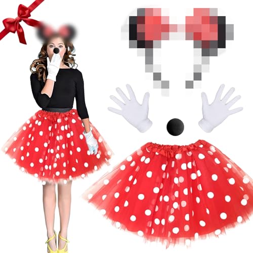 VASIN Mini maus Kostüme Damen, Maus Kostüm Set für Erwachsene, Inklusive Rot Tutu Mit Weiß Gepunktet Haarreifen Mit Maus Ohre Nasen Handschuhe, Mouse Kostüm für Karneval, Rollenspiel und Mottopartys