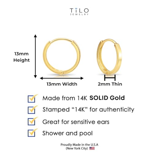 Image of 14K Yellow Gold Huggie Hoop Earrings, Shiny and Small, Round and Oval