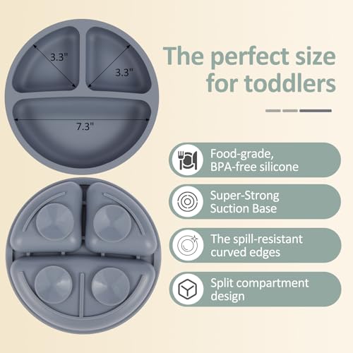 Image of Eascrozn Silicone Baby Utensils, 2 Pack Divided Suction Plates for toddlers, 2 Pack Toddler Forks and Spoons Set, Baby Led Weaning Feeding Supplies, BPA Free, Microwave and Dishwasher Safe
