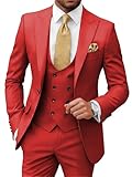 Wangyue Mens Fashion Slim Fit 3 Piece Wedding Suits for Groom Red Double Breasted Prom Suit Men XS