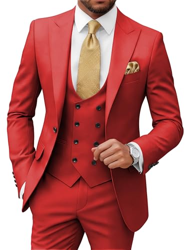 Wangyue Mens Fashion Slim Fit 3 Piece Wedding Suits for Groom Red Double Breasted Prom Suit Men XS