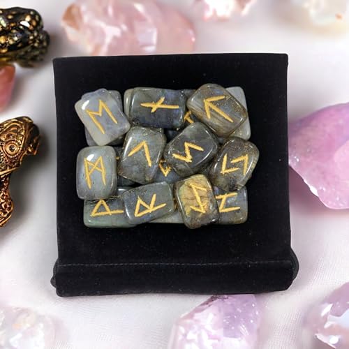 Ensemble de runes en cristal de labradorite - Rune - Viking - Pierre précieuse de guérison Reiki - Alphabet runique doré gravé (Labradorite) – vue 4