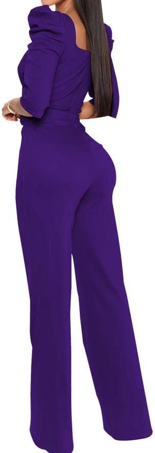 DinyIn Women's Elegant Purple Jumpsuit Sexy V-Neck Puff Sleeves Pant Suits Dressy Wide Leg Evening Party Jumpsuits with Belt,XX-Large - Image 2