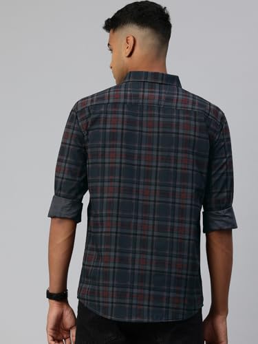 Image of Majestic Man Men Comfort Slim Fit Opaque Checked Pure Cotton Casual Shirt