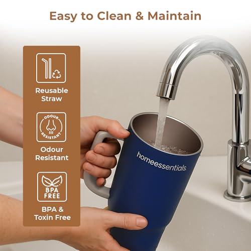 Image of HomeEssentials Stainless Steel Tumbler with Lid & Straw - Vacuum Insulated, Spill-Resistant - Keeps Drinks Hot or Cold for 12 Hours - Ideal for Office, Gym & Travel (Blue, 1200ml)