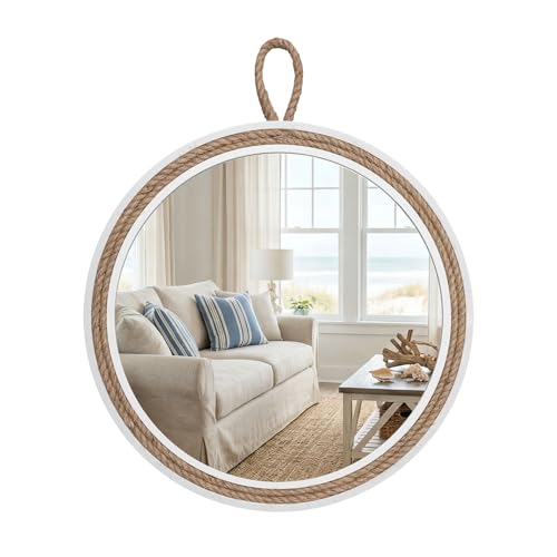 Vercraft Coastal Mirror 24 Wall Decor with Rope Wrapped Trim and Hanging Loop Nautical Round Circle Mirror Nautical Rustic Decorative for the Living Room Bedroom Bathroom and Entryway