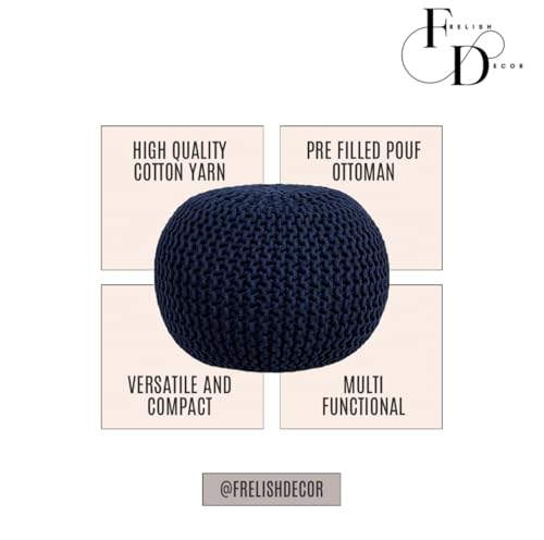 FRELISH DECOR Round Pouf Ottoman Hand Knitted 100% Cotton Pouf Foot Stool - Knitted Bean Bag - Floor Chair for Living Room Bedroom - Foot Rest for Couch (20 Diameter x 14 Height) - Navy - Thumbnail 4