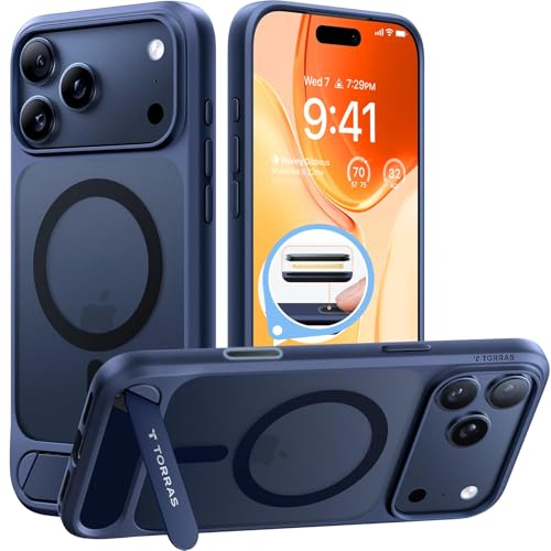 Image of TORRAS Luxury Adjustable Stand Case for iPhone 17 Pro Max | Mil-Grade Protection Cover | Fit for MagSafe | Slim Matte Finish | Camera Control | Premium Imported | Ostand L1 Guardian 6.9'' Deep Blue