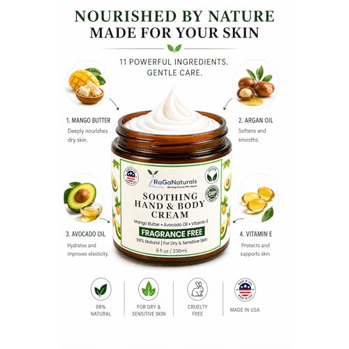 RaGaNaturals Fragrance Free Natural Hand and Body Cream - Moisturizer for Dry, Sensitive & Eczema-Prone Skin -Mango Butter, Argan Oil, Vitamin E -Unscented Non-Comedogenic Lotion for Women & Men -8 oz