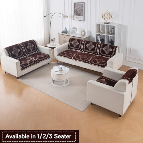 Image of HOKIPO Sheesh Brown Premium Chenille Jacquard Sofa Cover for 1 Seater for Seat & Back, 'Royal Aangan Series' (IN-1006-L5*2)