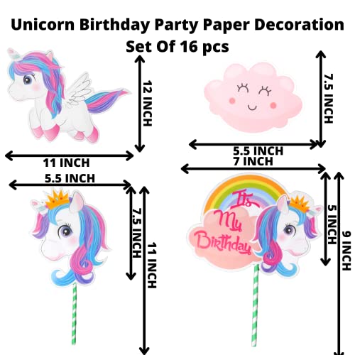 Image of Party Decorz Unicorn Theme Birthday Paper Decoration Set Of 16 pcs(1 pcs Happy Birthday Banner + 12 pcs Unicorn Paper Cutout + 2pcs Props + 1 pcs Cake Topper) For Unicorn,Rainbow Theme Birthday Party