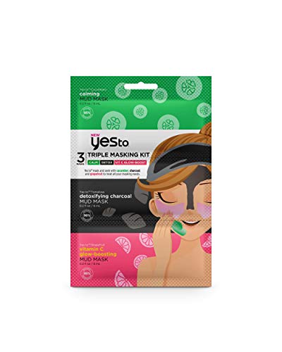 Yes To Triple Masking Kit, Calm, Detox, Vit C Glow-Boosting - 3 Single Masks | For All Skin Types | Cucumber To Calm, Charcoal To Detoxify and Grapefruit Vitamin C To Brighten Skin