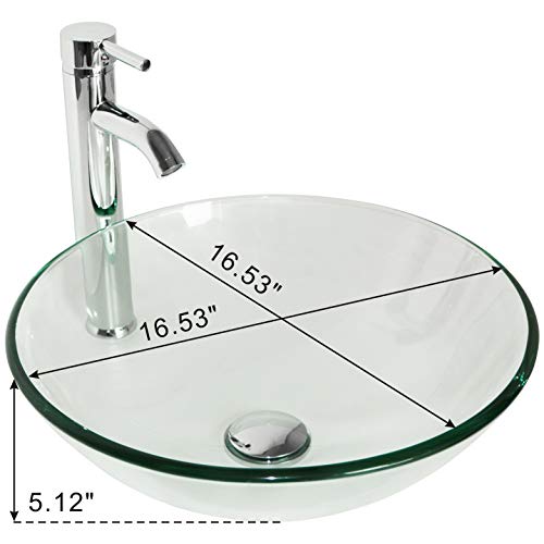 Walcut Tempered Glass Vessel Bathroom Vanity Sink Round Bowl, Chrome Faucet & Pop-Up Drain Combo #TOP5