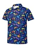 Boys Novelt Printed Polo Shirts Short Sleeve Tropical Hawaiian Golf Tops Casual Gradient Collared Summer Tee Size 13-14Y Deep Blue Game Print