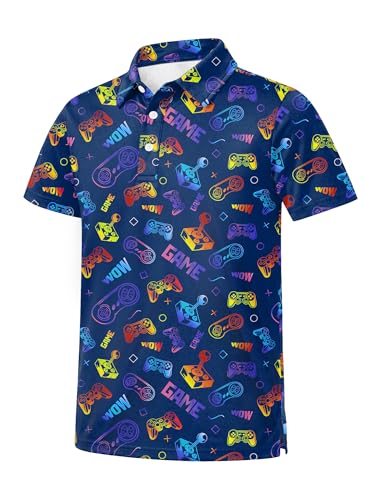 Boys Novelt Printed Polo Shirts Short Sleeve Tropical Hawaiian Golf Tops Casual Gradient Collared Summer Tee Size 13-14Y Deep Blue Game Print
