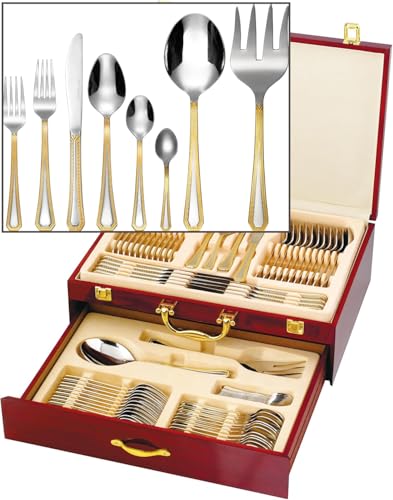 Gold Flatware Serving Set, "Greek Medusa" 75-Piece Dining Service for 12, 18/10 Premium Surgical Stainless Steel, 24K Gold-Plated Trim, Silverware Cutlery Hostess Set, Wood Storage Case (Greek)