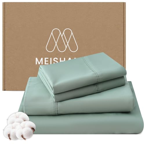 MEISHANG 1000 Thread Count Egyptian Cotton Sheets Queen - 100% Egyptian Cotton Sheet Set, Sateen Weave, Soft & Breathable, 16" Deep Pockets - 4 Piece (Queen, Sage Green)