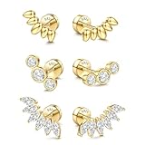 GEMQUEEN Pendientes de tuerca chapados en oro de 14 quilates de plata de ley 925 maciza, con parte trasera plana, hipoalergénicos, para cartílago, lóbulo, hélice, caracola, tragus, 3 pares de aretes