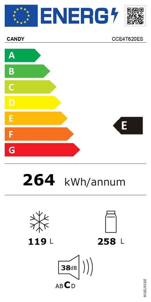 Candy Fresco CCE4T620ES, Frigorífico Combi, 60CM, Altura 2m, 377L, Total No Frost Circle+, Conectividad Wifi, Cajón Verdulero, Control Interno, LED, Puertas Reversibles, 39DB, Clase E, Silver