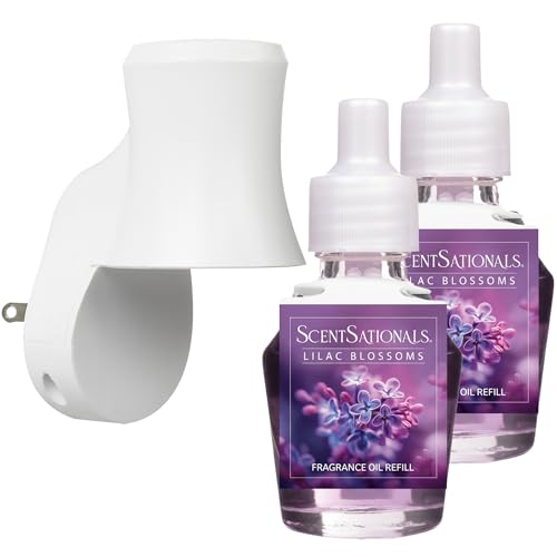 Scentsationals Plug in Air Freshener Starter Set Swivel Plug Fragrance Oil Diffusers & 2 Long Lasting Scent Refills - Lilac Blossoms Scent