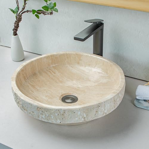 Natural Beige Travertine Round Bathroom Sink, Modern Rustic Chiseled Vanity