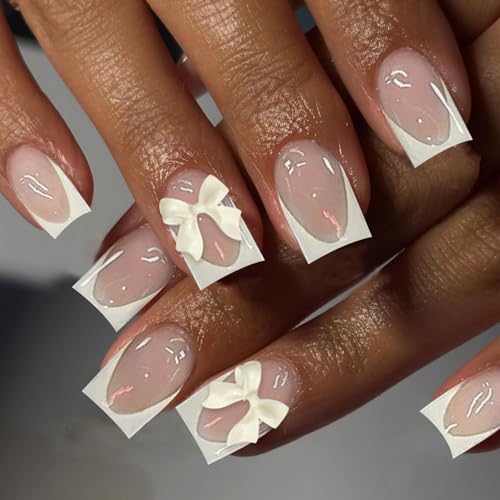 VOTACOS Milky Yellow French Tip Press on Nails Short Square Acrylic Fake Nails Press Ons with Glue 24PCS Nude Glue on Nail with Design Cute 3D Cream Bow Stick on False Nail for Women and Girls
