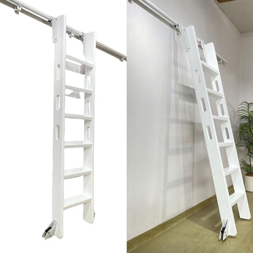 3.3ft-28ft Telescopic White Sliding Library Ladder Hardware Kit, Includes Bottom Wheel with Brake, DIY Track System for Home Decor, No Ladder Included, 854cm Length
