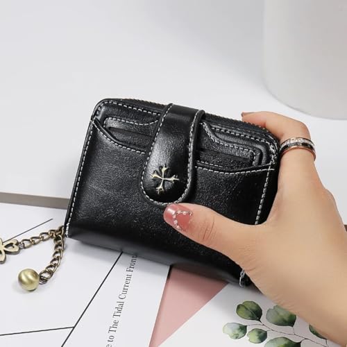Real Leather Wallet Vintage Goth Bifold with Zipper Coin Pocket Black (Black)2