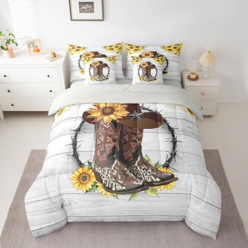 Image of Western Comforter Set 7-Piece Bed in a Bag Twin Sunflower Bedding Sets Cowboy Boots for Men,Bohemian Flowers Comforter and Sheet Set,Cowboys Gifts for Women,Cowboy Hats Bed Sets,Rustic Farmhouse Decor