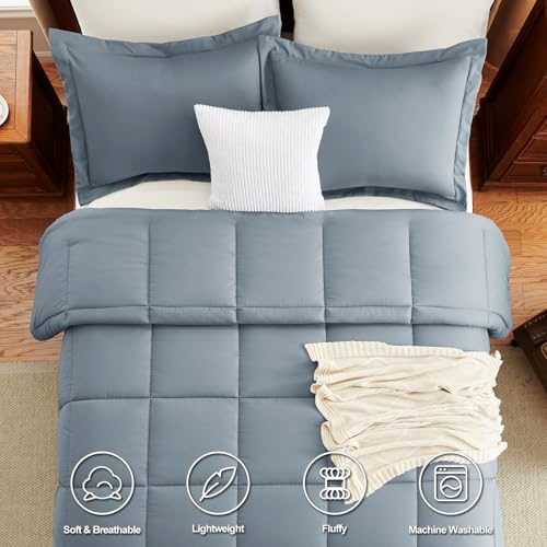 CozyLux Full Size Comforter Sets - 270GSM Grayish Blue Bedding Sets for All Seasons, 3 Pieces Box Stitched Bed Set with 1 Down Alternative Comforter and 2 Pillow Shams, Soft, Lightweight, Breathable by CozyLux - Image 4
