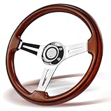 VOONKE 350MM Universal Racing/Golf Wooden Steering Wheel, 13.8-inch Steering Wheel 3-Spoke Wooden Electroplated Long Ribbed with Black Wire