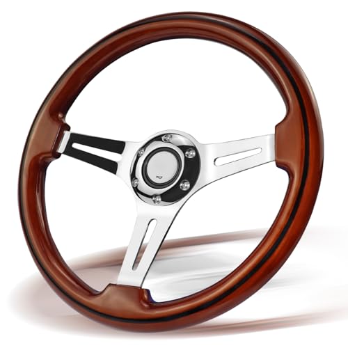 VOONKE 350MM Universal Racing/Golf Wooden Steering Wheel, 13.8-inch Steering Wheel 3-Spoke Wooden Electroplated Long Ribbed with Black Wire