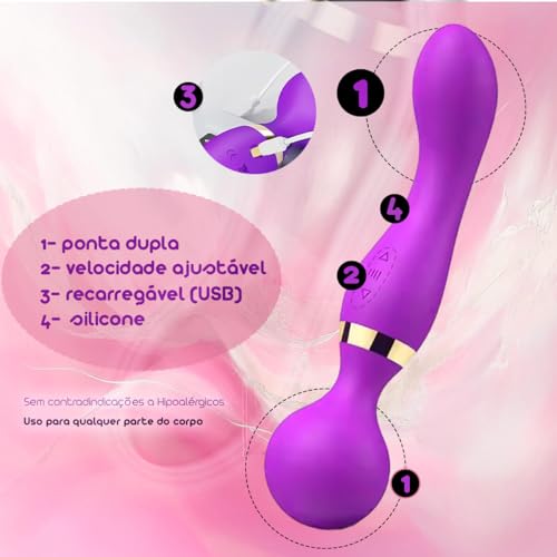 Massageador Vibrador Elétrico Profissional de Silicone, Ponta Dupla, Velocidades Ajustáveis. Massage