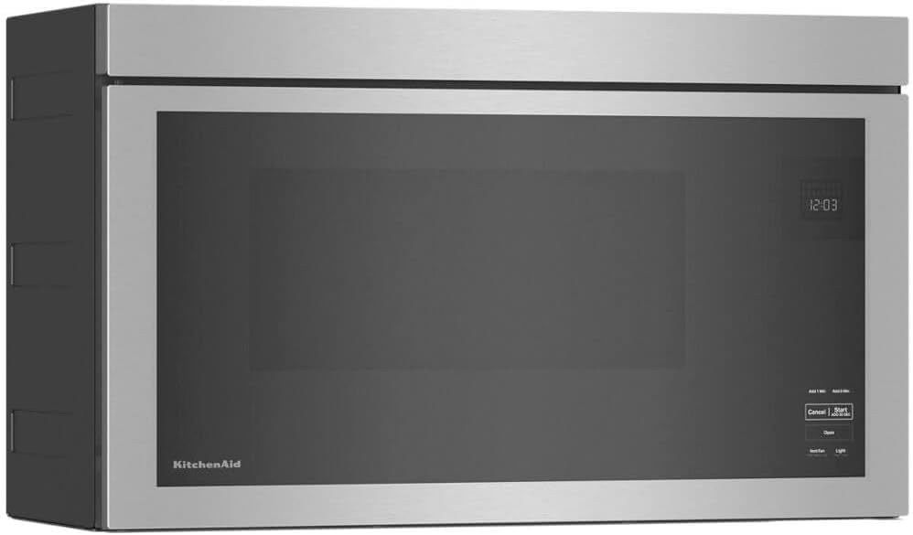 Angled view of KitchenAid KMMF330PPS microwave