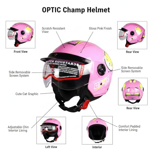Image of ASR Junior Riders Helmet, High-Impact ABS Shell, Scratch & UV Resistant, Wide-View Visor, ISI Approved, Boys & Girls,Size-XS (Pink)