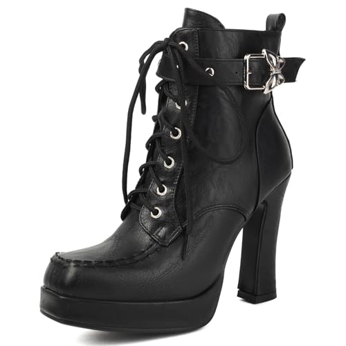 Bottines bout carré Gicoiz femme avec plateforme épaisse et lacets ajustables mode