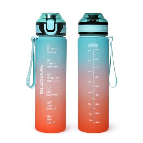 Binudum Trinkflasche 1L Sport Wasserflasche, BPA-frei,1 Liter Trinkflasche Sport mit Zeitmarkierung，für Gym, Die Fahrrad, Sport, Outdoor, Schule, Job
