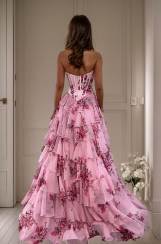 Tiered Floral Print Prom Dresses Long Ball Gown Tulle Formal Dress Strapless Evening Gown Sweetheart Party Dress3
