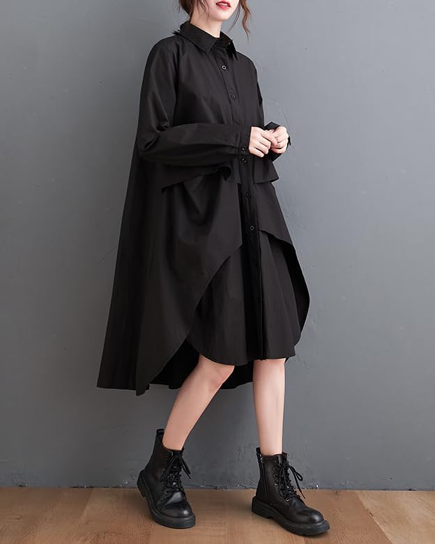 ellazhu Women's T-Shirt Dress Casual Lapel Long Sleeve Oversize Irregular Hem Button Down Solid GZ622 - Image 2