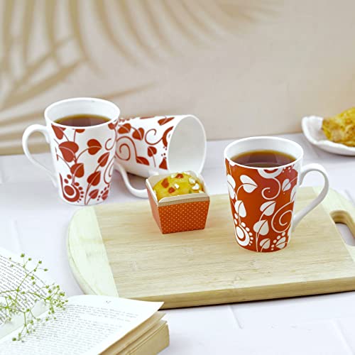 Image of Dandy Lines Conical Red and White Leaves, Ceramic Coffee Mug Set, Pack of 4, Microwave & Dishwasher Safe, Great for Home Use & Gifting