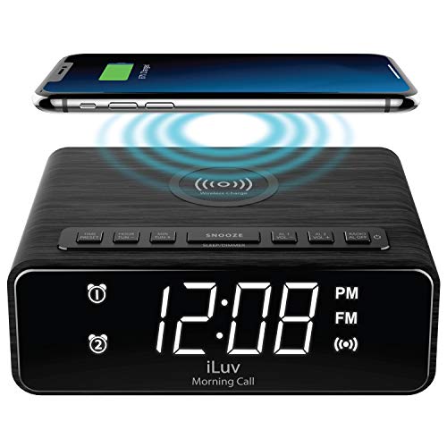 iLuv Morning Call 4Q Qi-Certified Wireless Charging Alarm Clock with LED White Display, Dual Alarm, FM Radio, Sleep Timer, 3-Level Dimmer, Wood Design; Compatible with iPhone, Samsung Galaxy & AirPod