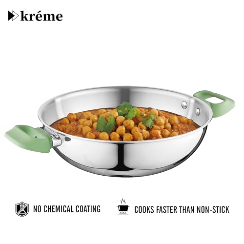 Image of Kreme Platina Triply Stainless Steel Cookware Set of 6 Pcs - Kadai 24cm /2.8L, Frypan 24cm /1.8L and Saucepan 16cm /1.6L with Glass Lid, Induction & Gas Use
