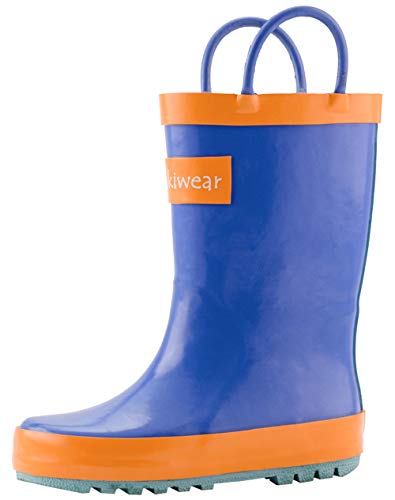 OAKI Toddler Rain Boots – Lightweight Waterproof Rubber Boots for Kids with Easy-On Handles – Durable Kids Outdoor Footwear, Blue, Orange & Aqua, 2 Little Kid