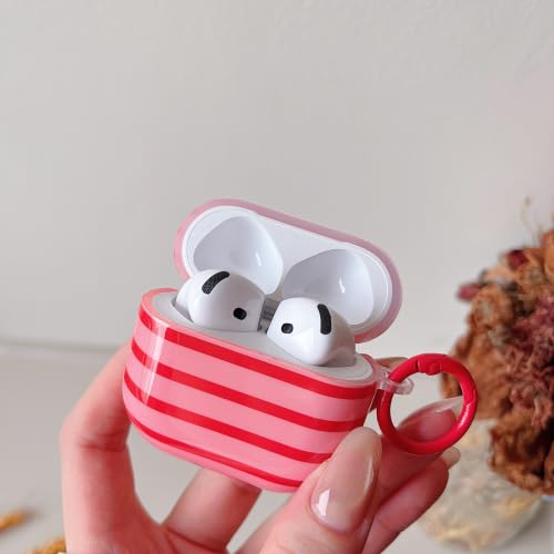 Image of MINSCOSE for AirPods 4 Clear Case,Cute Stripes Aesthetic Pattern Design with Trendy Keychain Ring,Soft TPU Anti-Drop Shockproof Protective Cover with Cleaner Kit for Girls Women-Red