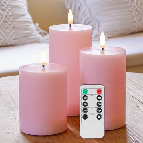 Image of Pink Flameless Pillar Candles, Real Wax Battery Operated Candles with Remote, Flat Top Flickering Flameless Candles, LED Candles for Home Party Wedding Romantic Night Decor, Set of 3