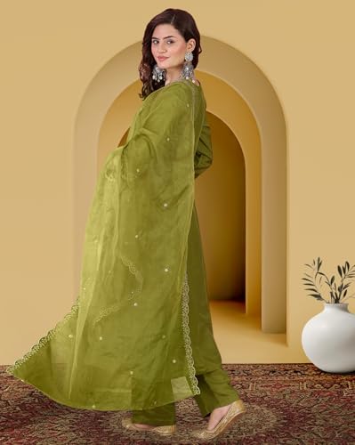 Image of Amazon Brand - Tavasya Women Vichitra Zari Sequence Embroide Kurta with Pant and Dupatta|Kurta Set|Ethnic Wear|Salwar Suit|3 Piece Set