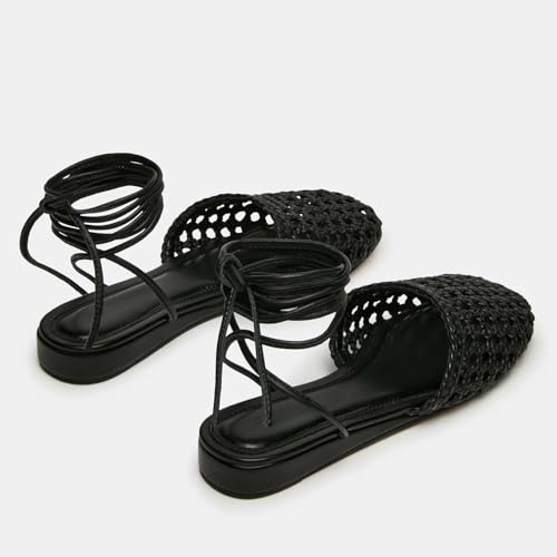 Image of Woven Ballet Flats for Women Lace Up Closed Square Toe Summer Sandals Dressy Shoes