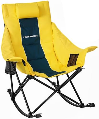 Oversized Rocking Camping Chair for Adults with Headrest, Portable Rocking Chair with Cup Holder, Side Pocket & Carry Bag, 400 lbs Heavy Duty Outdoor Rocker Chair for Camp, Patio, Yellow