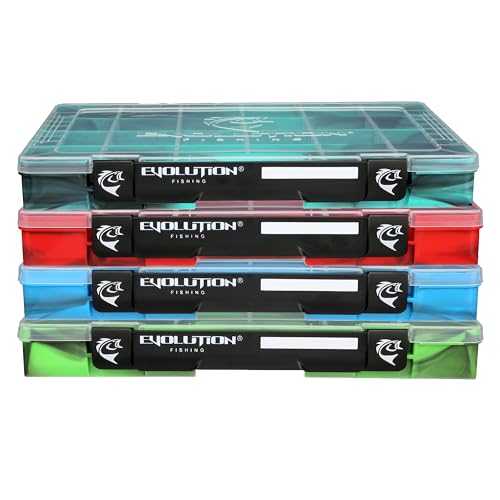 Evolution Outdoor 3700 Drift Series QuikLatch Fishing Tackle Tray Multi Color 4 Pack – Green, Blue, Red, Seafoam Colored Tackle Box Organizer with Removable Compartments, Utility Box Storage
